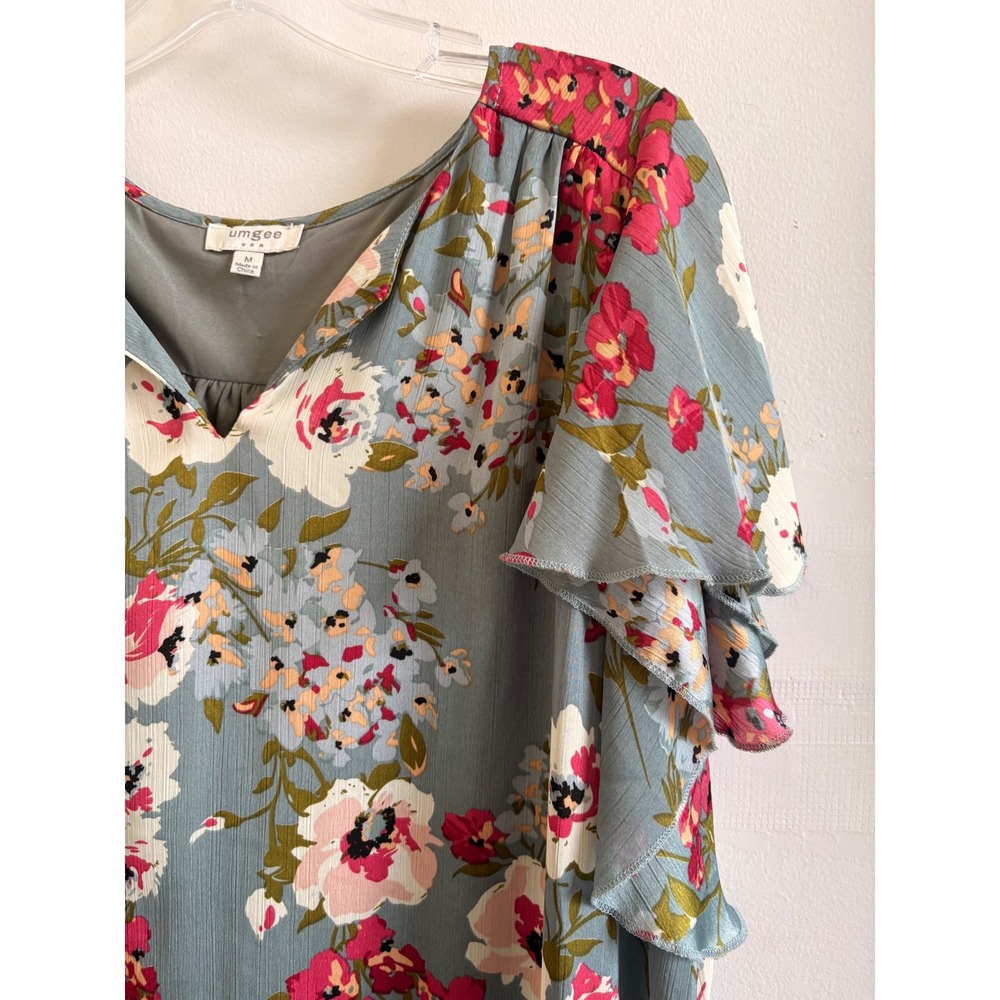 Umgee Blue Floral Flutter Sleeve V-Neck Mini Shift Dress Womens Medium - Picture 4 of 7